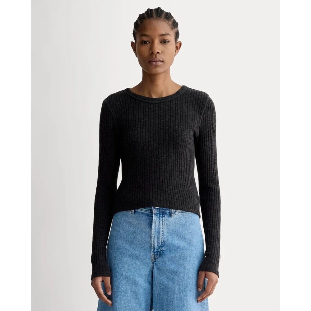 EVERLANE The Cozy Rib Long Sleeve Sweater Tee XS Black Organic Light Wt NEW B8